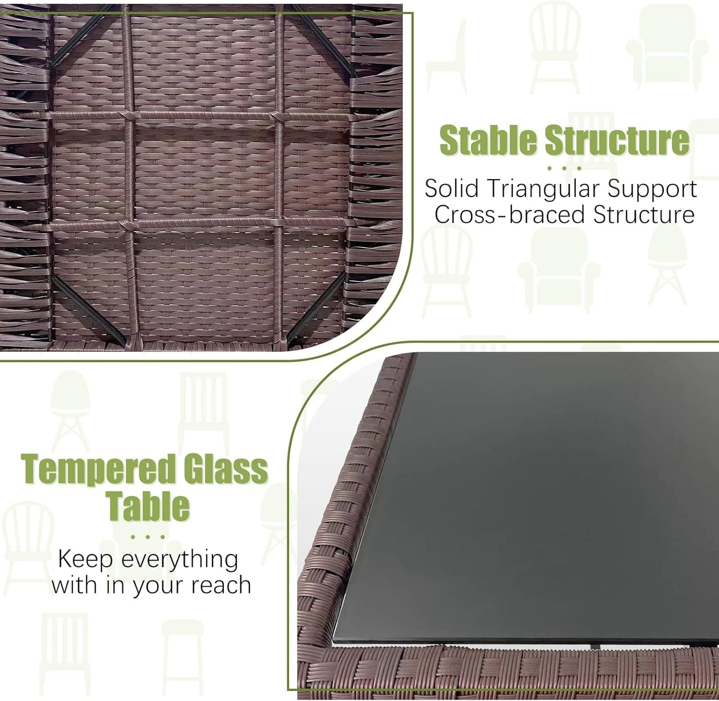 Patio 3 Piece Rocking Chairs Bistro Set with Cushions Wicker Rattan Conversation Set with Glass Coffee Table (Red Cushion + Brown Rattan)-4