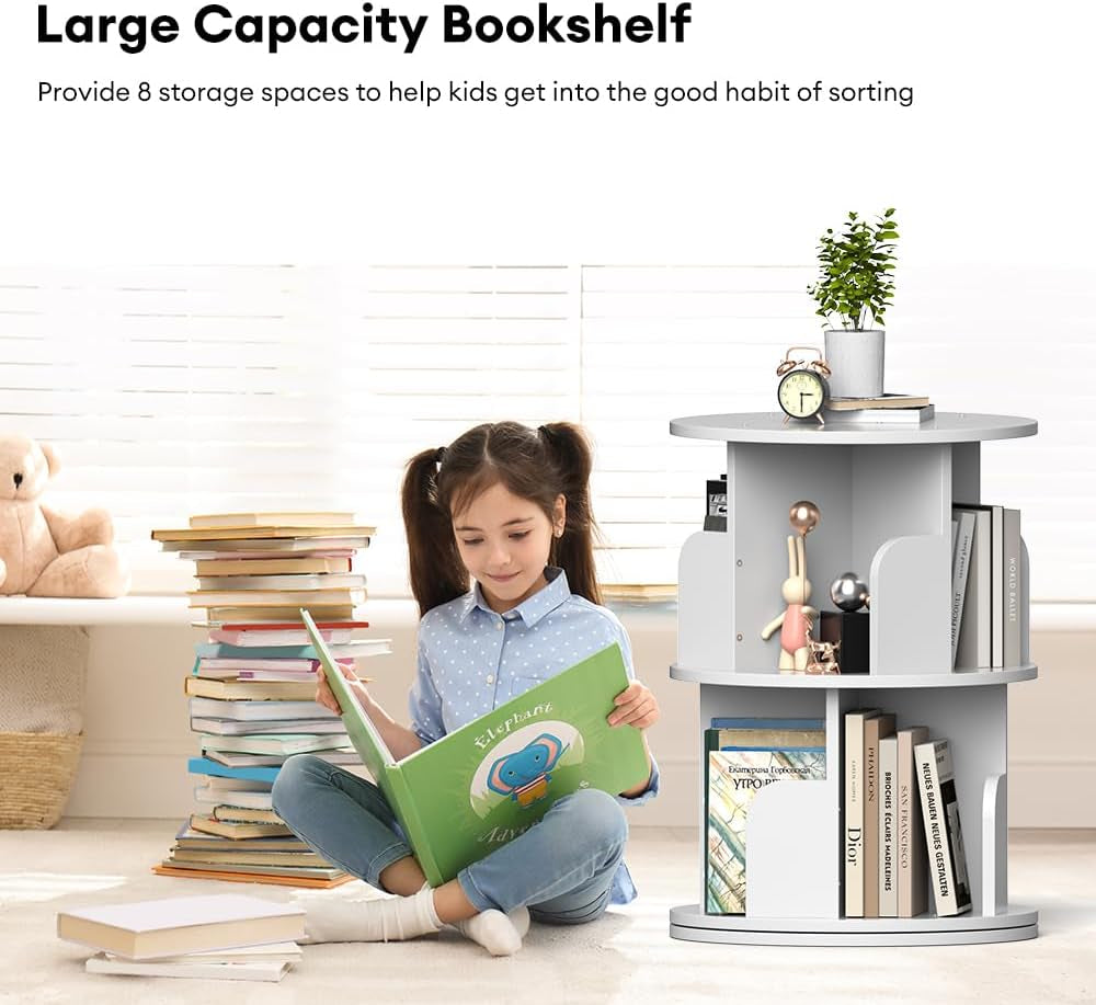 Rotating Bookshelf, Revolving Bookcase 360 Display round Bookshelf Narrow Swivel Corner Book Shelf Standing Bookcase for Adult Bedroom, Living Room (White, 2 Tier)-4