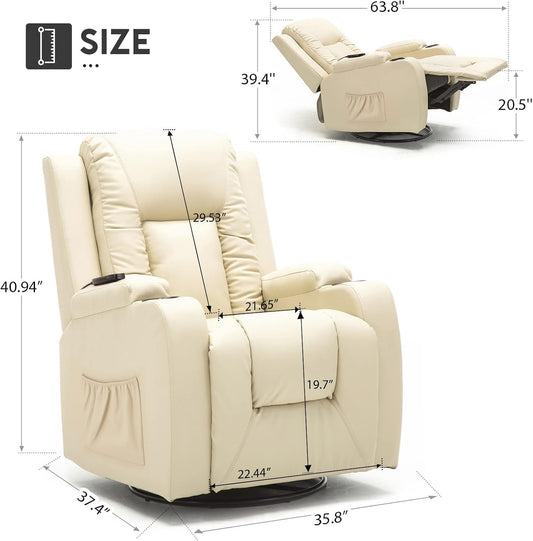Recliner Chair, PU Rocking Chair for Adults, Swivel Recliner with Cup Holders, Heat and Massage, Single Sofa Seat with Side Pockets for Living Room, Bedroom (White)-1