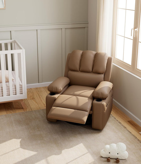 Leather Recliner Chair, Manual Recliner W/Comfortable Arms and Cup Holders for Living Room CF8011 - Khaki, Medium-1