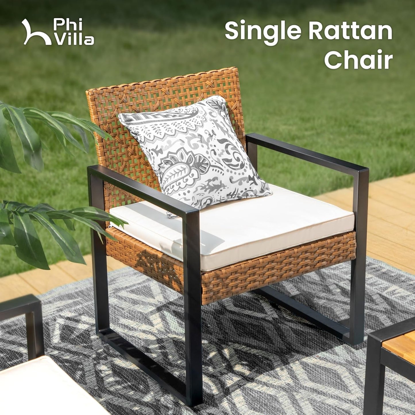 Wicker Patio Furniture Set for 4, Rattan Loveseat & Chairs with Beige Cushions & Acacia Wood Coffee Table, Outdoor Modern Sectional Conversation Sofa Set for Deck, Yard, Porch-3