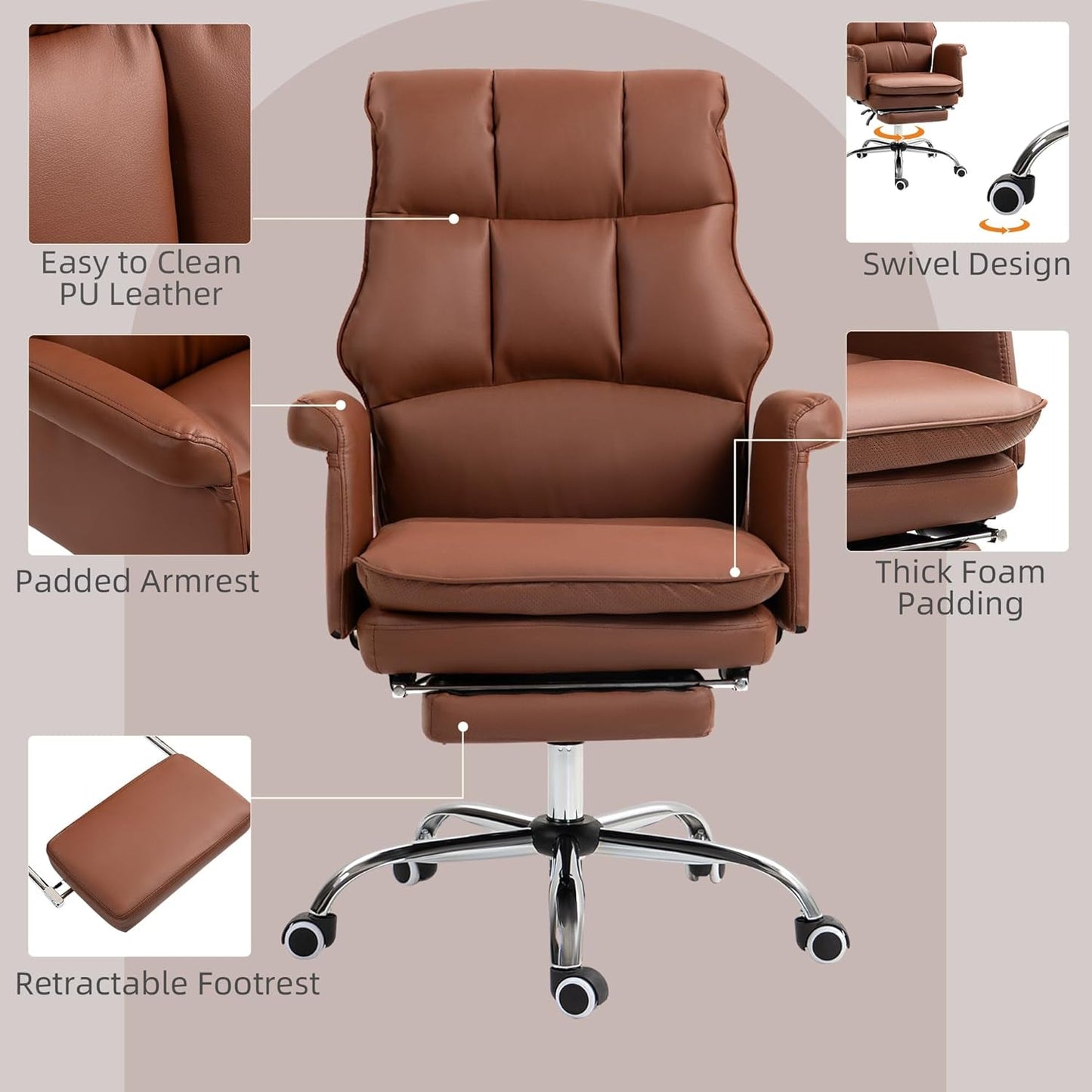 Executive Office Chair, PU Leather Ergonomic Office Desk Chair with Footrest, Reclining and Swivel Chair, Brown-4