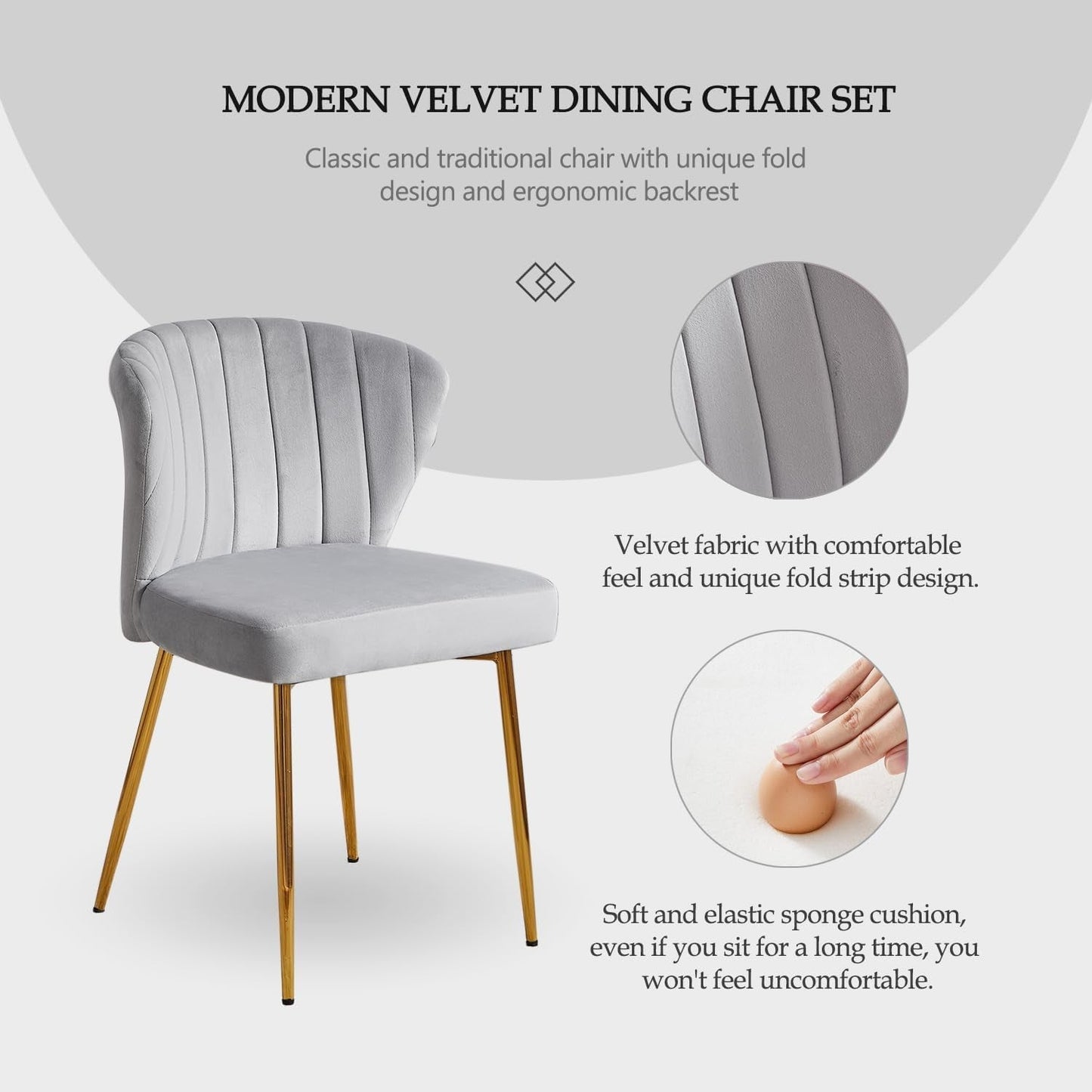 Velvet Dining Chairs Set of 4, Modern Dining Chairs with Golden Metal Legs, Tufted Upholstered Dining Chairs for Dining Room/Kitchen/Vanity, Grey-2