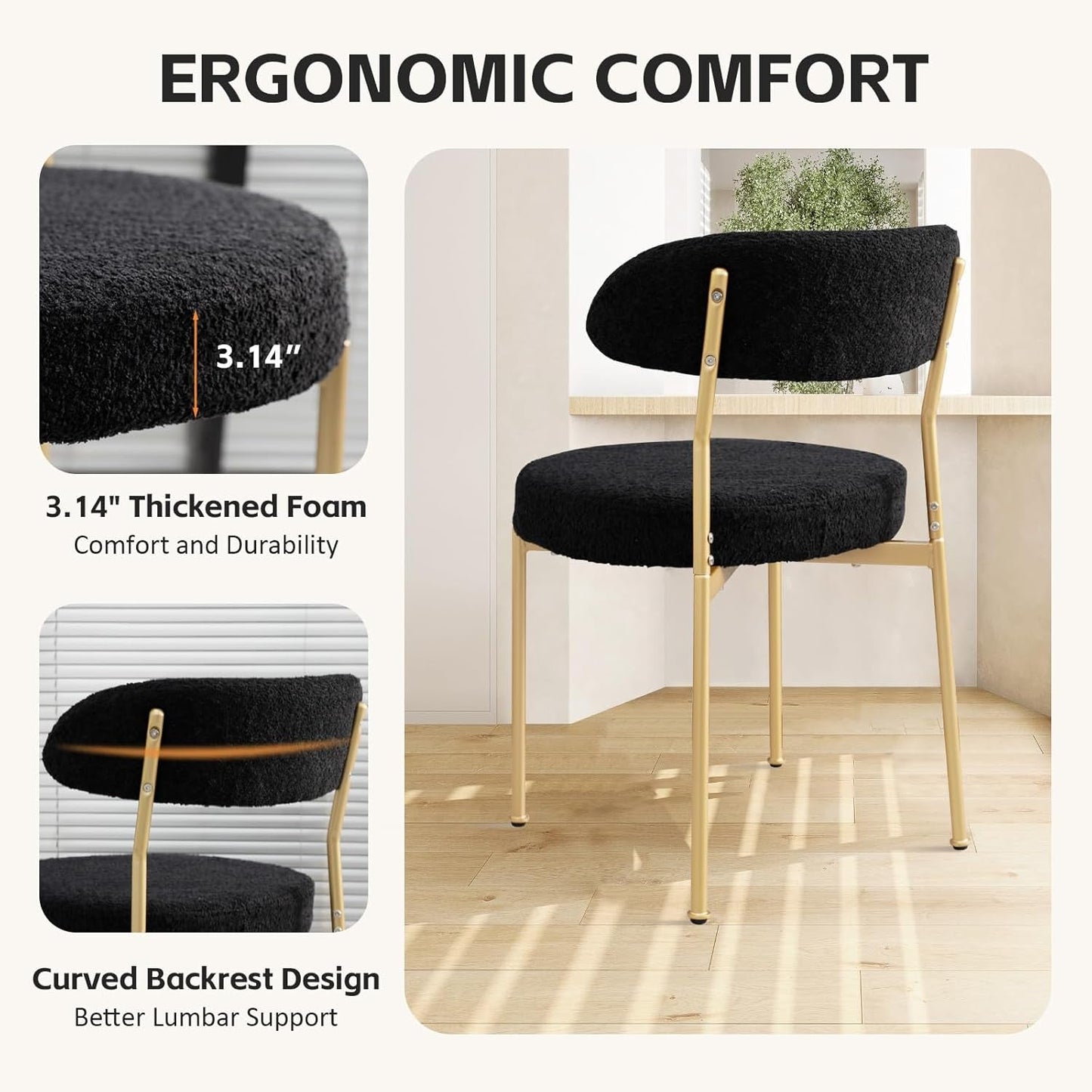 Dining Chairs, Black Boucle Dining Chairs Set of 6, Kitchen Dining Room Chairs Curved Backrest Upholstered Mid Century Modern Dining Chairs with Golden Metal Legs-4