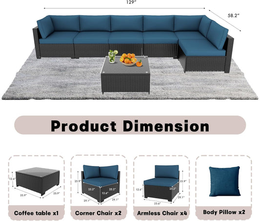 7 Pieces Patio Furniture Sets, Outdoor Furniture Patio Conversation Set, All Weather PE Rattan Sectional Sofa with Cushions and Glass Table (Coffee-Peacock Blue,7 Pieces-S)-1