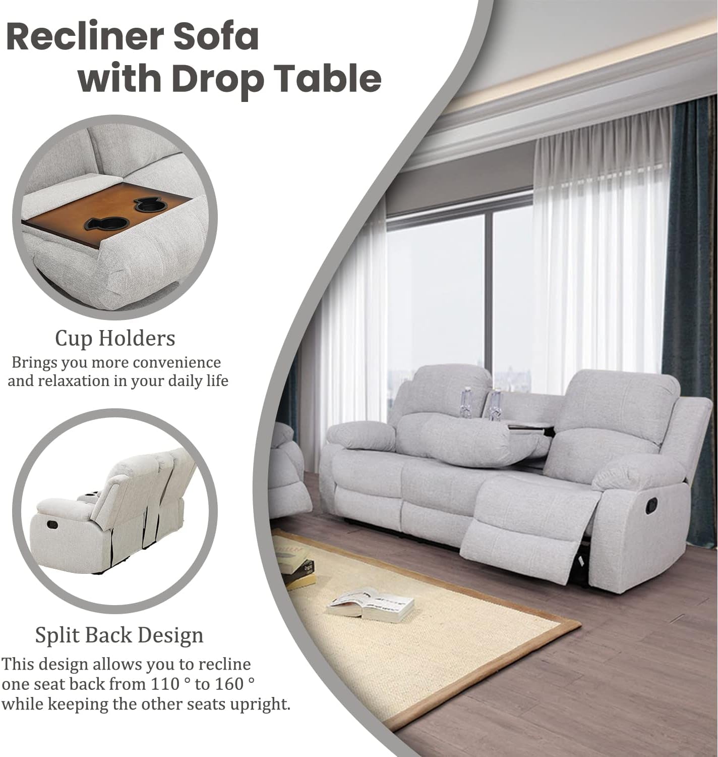 Recliner Sofa Set Living Room Furniture, Reclining Sofa Set Microfiber Fabric, Recliner Couch Set for Office Home (Sofa and Chair Set, Grey White)-2