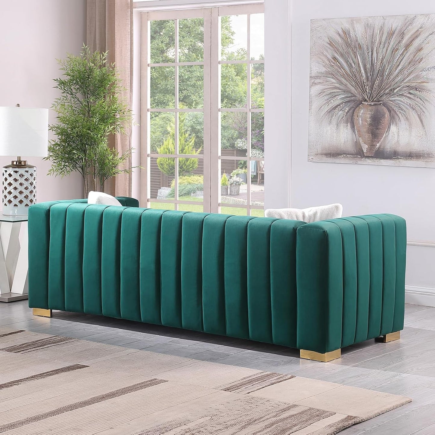 Velvet 3 Seater Sofa Couch with 2 Pillows, Channel Tufted, Square Arms & Gold Metal Legs for Living Room Apartment Office, 87.01”W (Green)-4