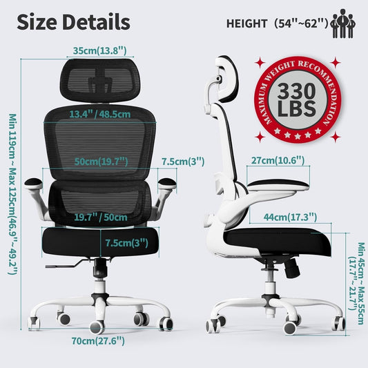 Office Chair Ergonomic Desk Chair, 330 LBS Home Mesh Office Desk Chairs with Wheels, Comfortable Gaming Chair, High Back Office Chair for Long Hours (Black & White)-1