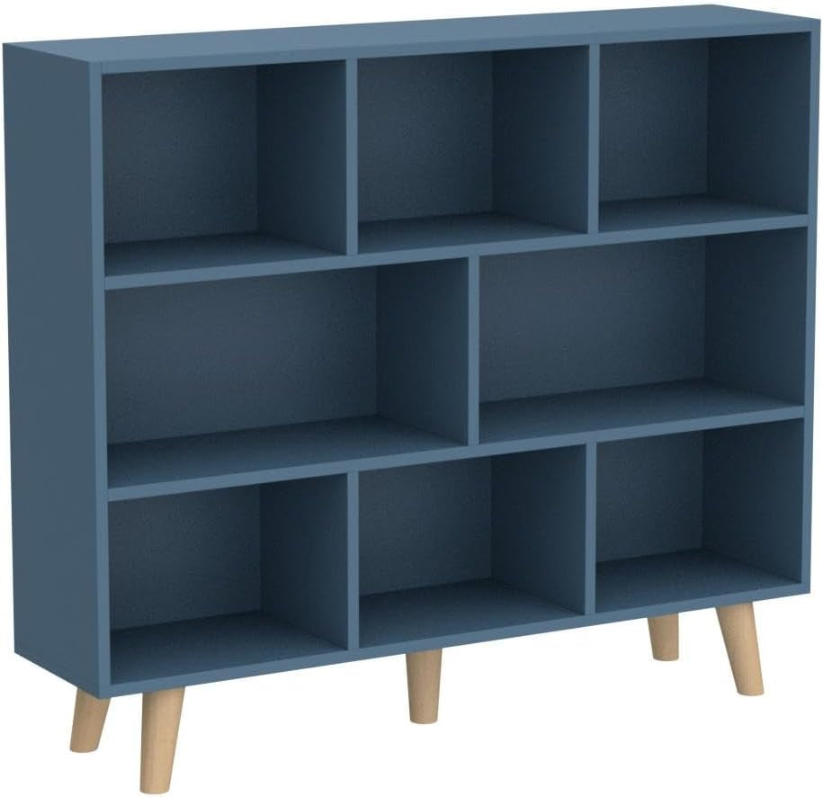 Wooden Open Shelf Bookcase - 3-Tier Floorstanding Display Cabinet Rack with Legs, 8 Cubes Free Standing Bookshelf, Bright Blue-4