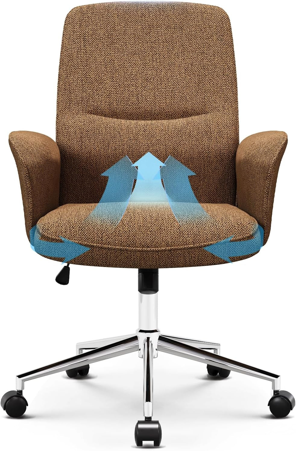 Comfy Office Desk Chair, Upholstered Fabric Computer Desk Chair, Criss Cross Chair with Wheels and Armrests, Swivel Adjustable Vanity Chair for Home, Makeup, Office, Bedroom, Camel-0