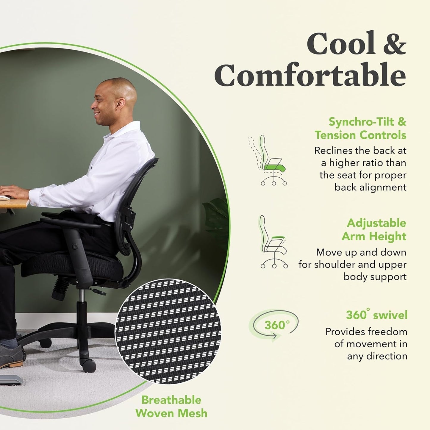 Wave Home Office Desk Chair - Office Chair Ergonomic Desk Chair - Ergonomic Mesh Office Chair, Mid Back, Adjustable Arms, Lumbar Support, Synchro-Tilt, Cushion, 360 Swivel Wheels-4