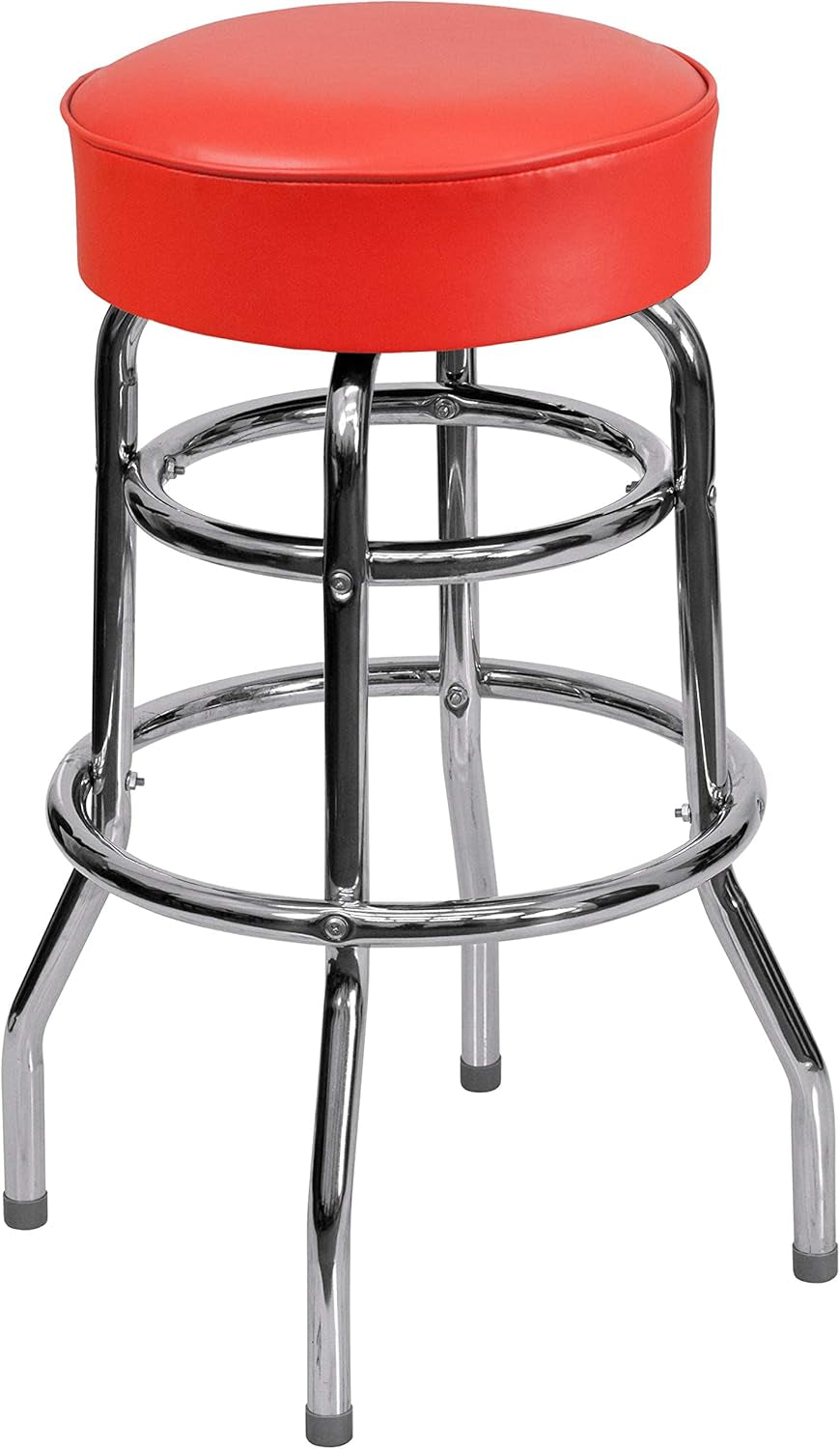 Bruno 2 Pack Double Ring Chrome Barstool with Red Seat-4