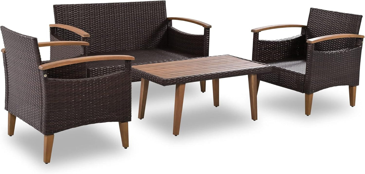 Patio Furniture Sets 4 Pieces, All Weather Outdoor PE Rattan Sofa with Wood Table and Legs, for Lawn, Backyard, Poolside or Garden, Blue-4
