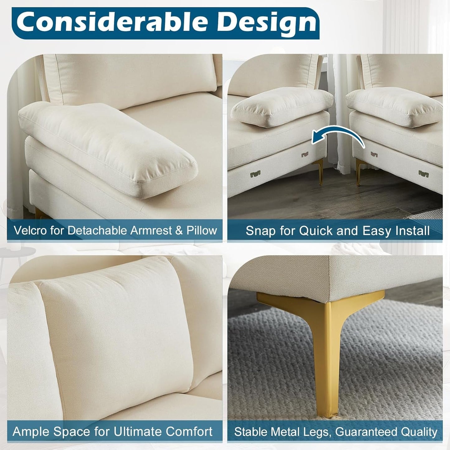 110" Modern U Shaped Sectional Couch with 51"D Double Chaise for Living Room, Beige Deep Seat Sectional Sofa Sets with 5.9" Thickness Seating Padding for Home Furniture,Linen Fabric,Metal Legs-4