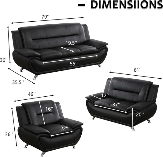 3 Piece Living Room Couch Set, Faux Leather Sofa Set, Modern Sofa Couch Set Living Room Furniture (Sofa+Loveseat+Chair, Black)-1
