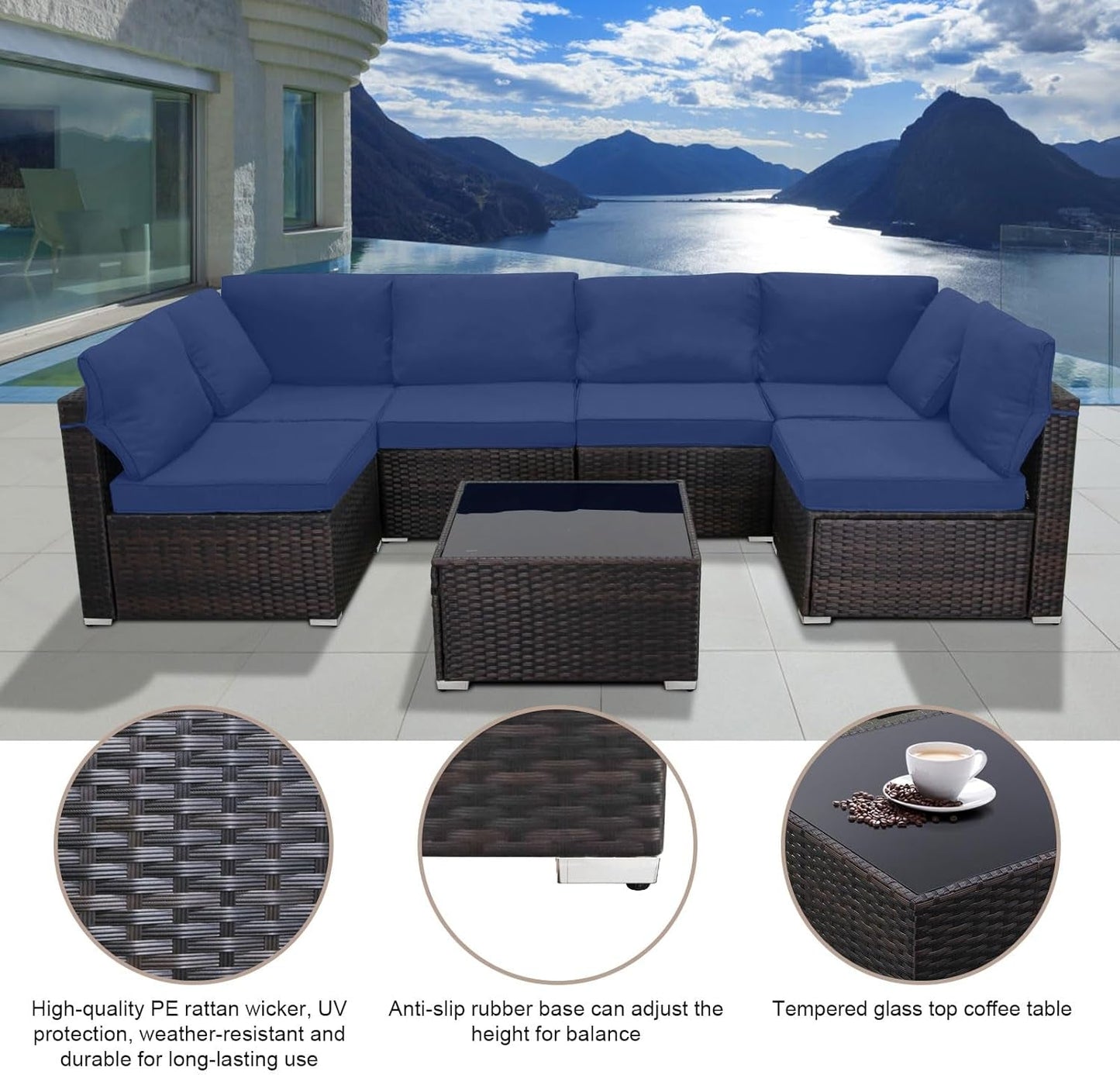 7 Pieces Outdoor Patio Furniture Sets,Rattan Conversation Sectional Set,Manual Weaving Wicker Patio Sofa with Tea Table-4