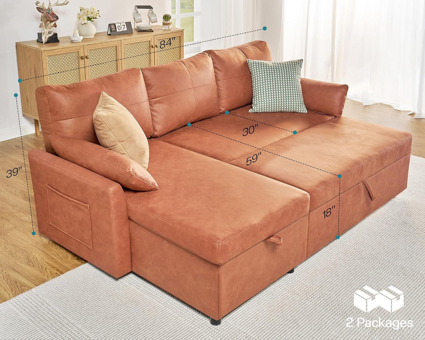 Sleeper Sofa, Sofa Bed- 2 in 1 Pull Out Couch Bed with Storage Chaise, Sofa Sleeper Couch for Living Room, Brown Leathaire Sofa-1