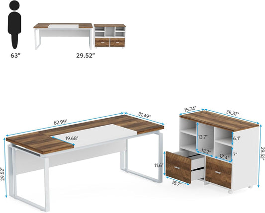L-Shaped Executive Desk with Reversible File Cabinet, 63" Office Desk with Storage Drawers, Computer Desk Set (Oak Karo & White)-1
