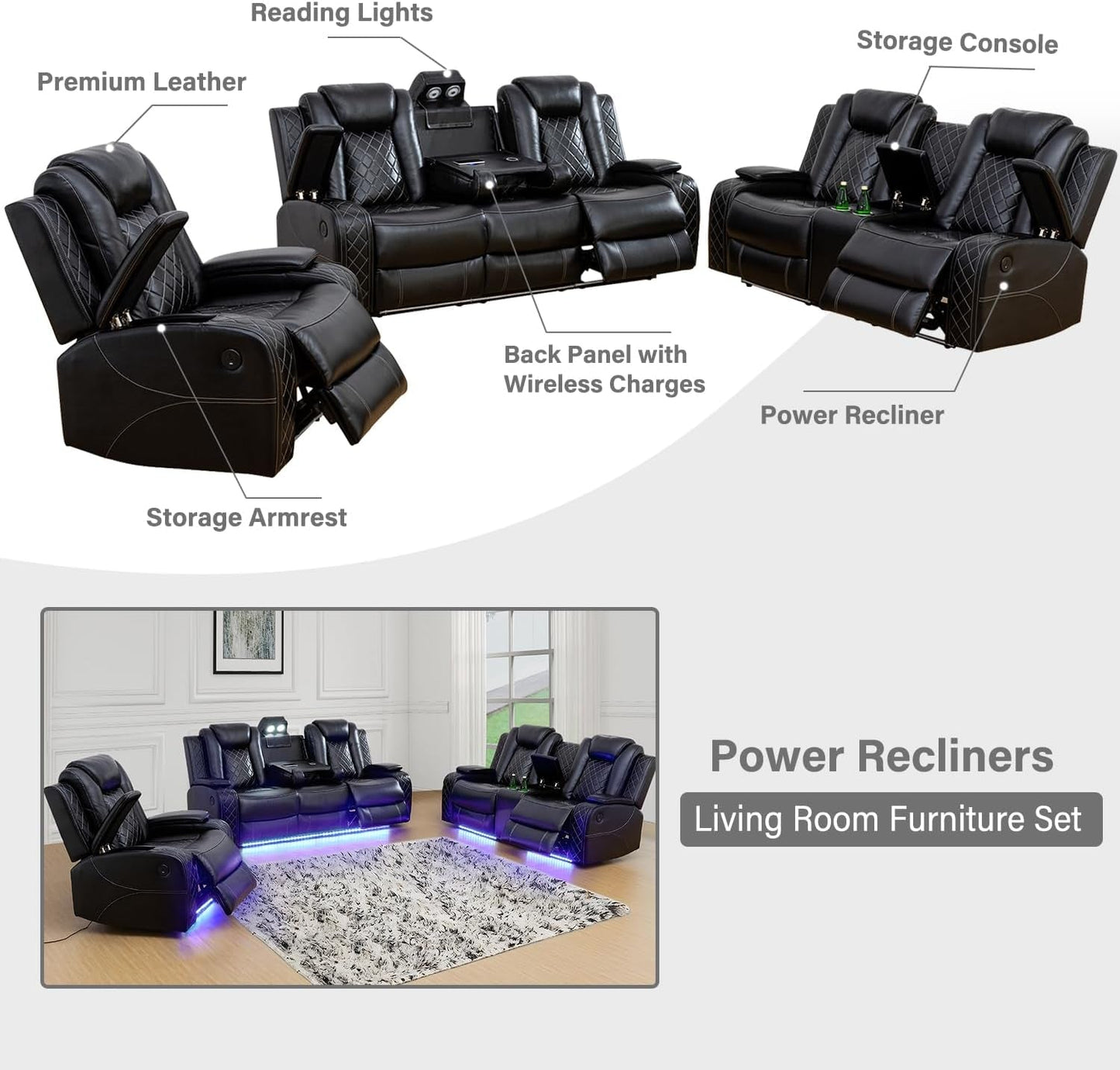 Power Reclining Sofa Set, Living Room Furniture Set with USB Ports, Leather Recliner Couches Set for Living Room/Apartment/Office/Home Theather (Black, Sofa+Loveseat+Chair)-3