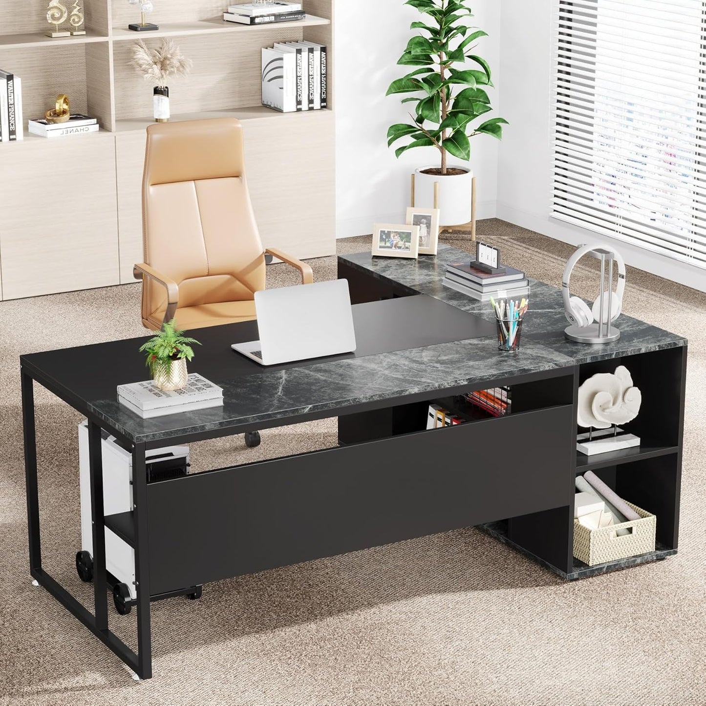 71 Inch Executive Desk, L Shaped Desk with Cabinet Storage, Executive Office Desk with Shelves, Business Furniture Desk Workstation for Home Office, Black-4