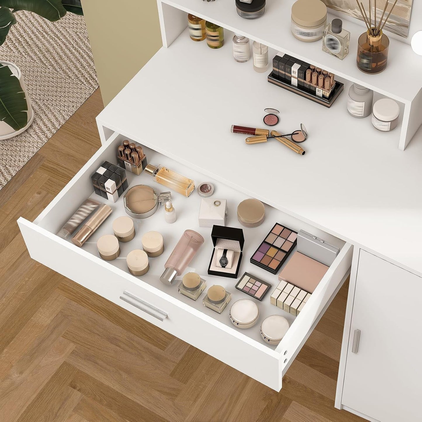 White Vanity Desk Mirror, Lights, Storage, Drawers, Shelves-4