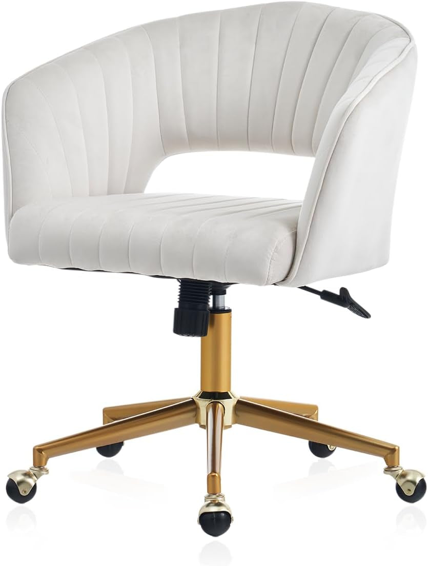 Home Office Chair Swivel Velvet Desk Chair, Vanity Chair with 360 Swivel Armchair and Gold Base,For Living Room, Bedroom, Vanity, Study (Beige)-0