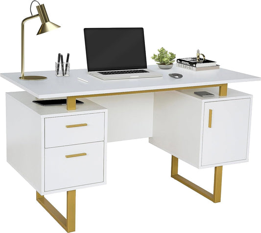 51" White Gold Desk with Storage Cabinet-1