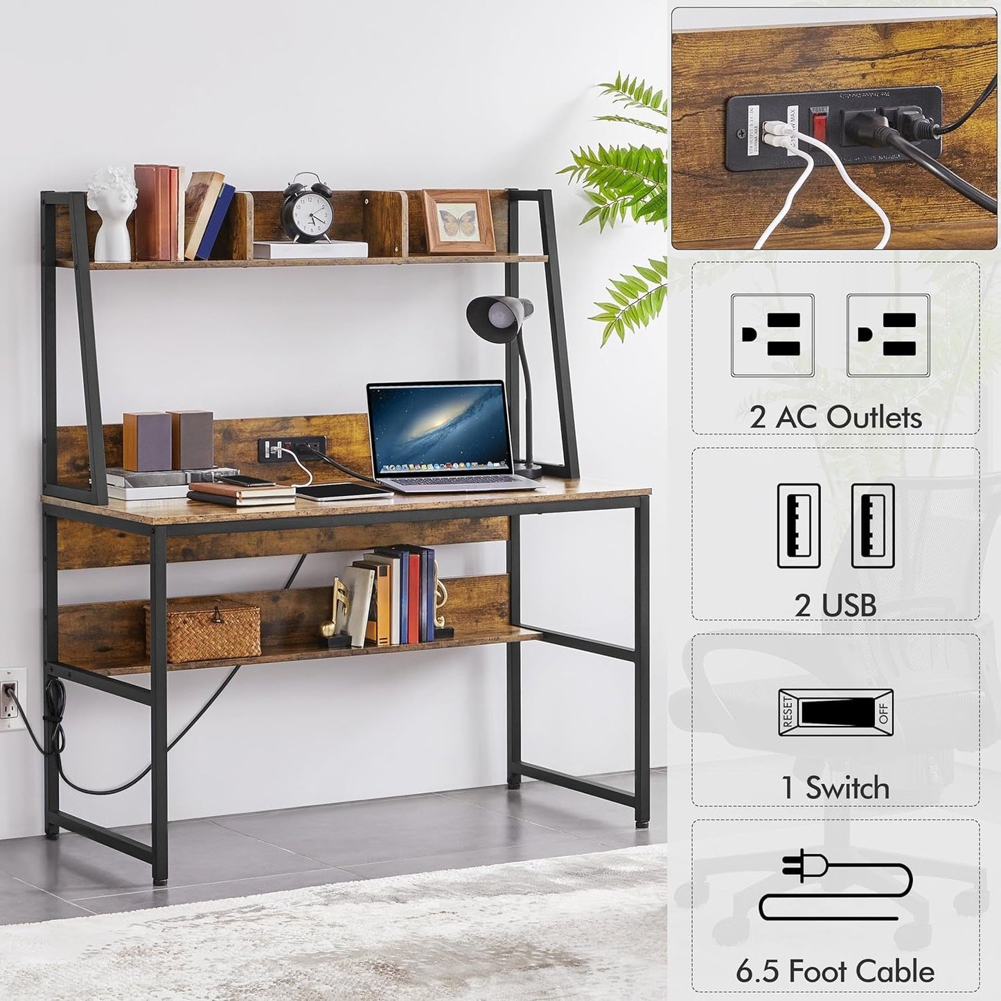 47 in Modern Computer Desk with Power Outlets and 2 USB Ports, Home Office Study Writing Desk with Hutch and Bookshelf, Large Workstation Gaming Table with Charging Station, Rustic Brown-3