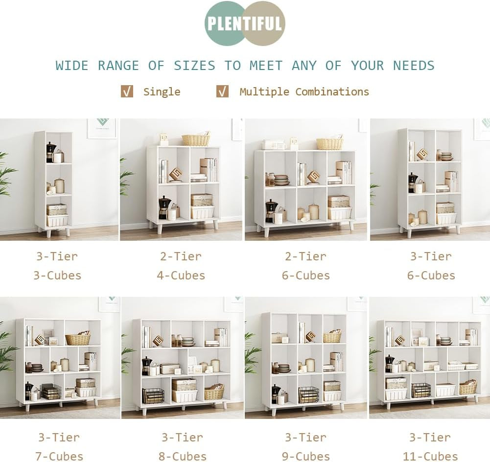Open Cube Low Bookcase - 3-Tier Freestanding Storage Display Cabinet Organizer with Legs for Home Office, 11-Cubes Open Shelf Short Bookshelf, White-3