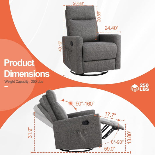 Recliner Chair, Swivel Rocking, Glider Rocker Recliner, Nursery Chair with Extra Large Footrest for Living Room, High Back, Upholstered Deep Seat, Grey-1