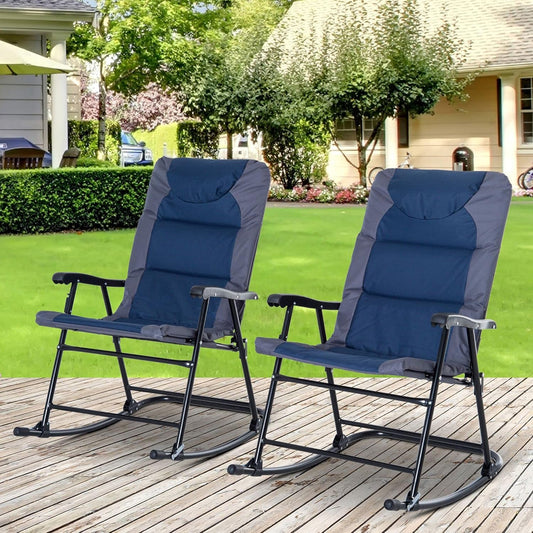 2 Piece Outdoor Patio Furniture Set with 2 Folding Padded Rocking Chairs, Bistro Style for Porch, Camping, Balcony, Navy Blue-1