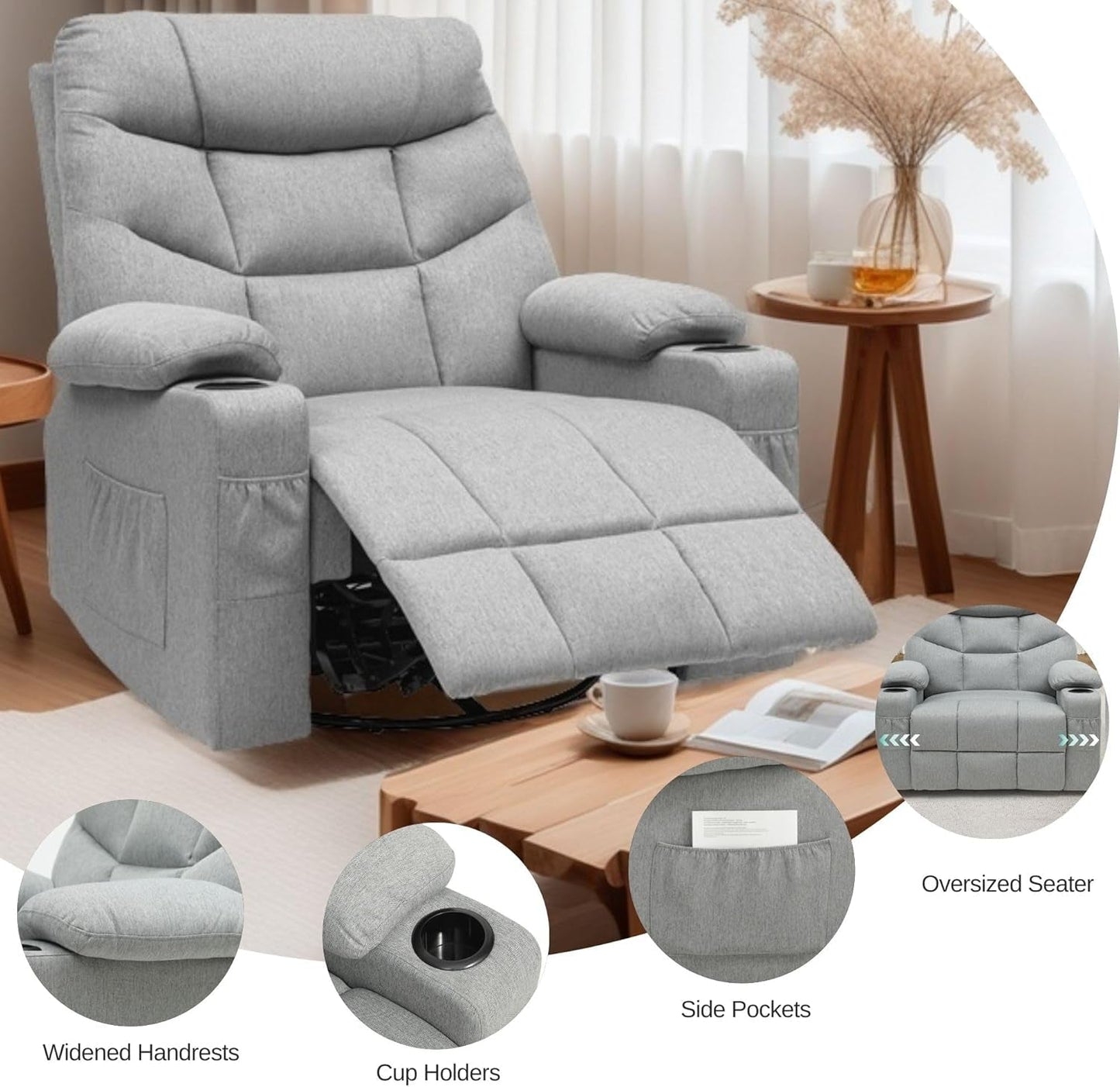 Oversized Swivel Rocking Recliner with Massage and Heat for Big and Tall, Fabric Rocker Recliner Chair with Cup Holders and Side Pocket, Comfy Home Theater Seating for Living Room, Gray-4