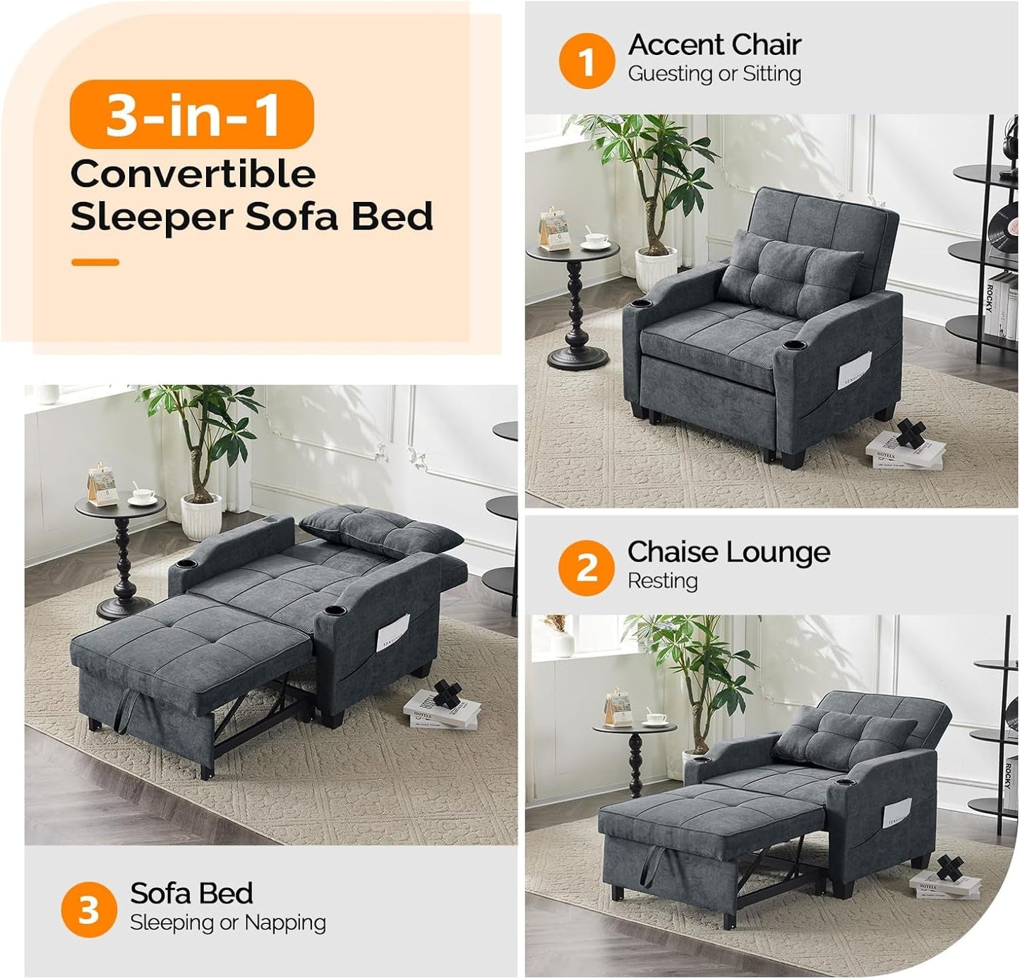 Sofa Bed Chair Recliner, 3-In-1 Convertible Sleeper Sofa Chair Bed Dark Gray Daybed Pull Out Couch Bed with Adjustable Backrest, USB Ports, Cup Holders for Small Spaces Living Room-2
