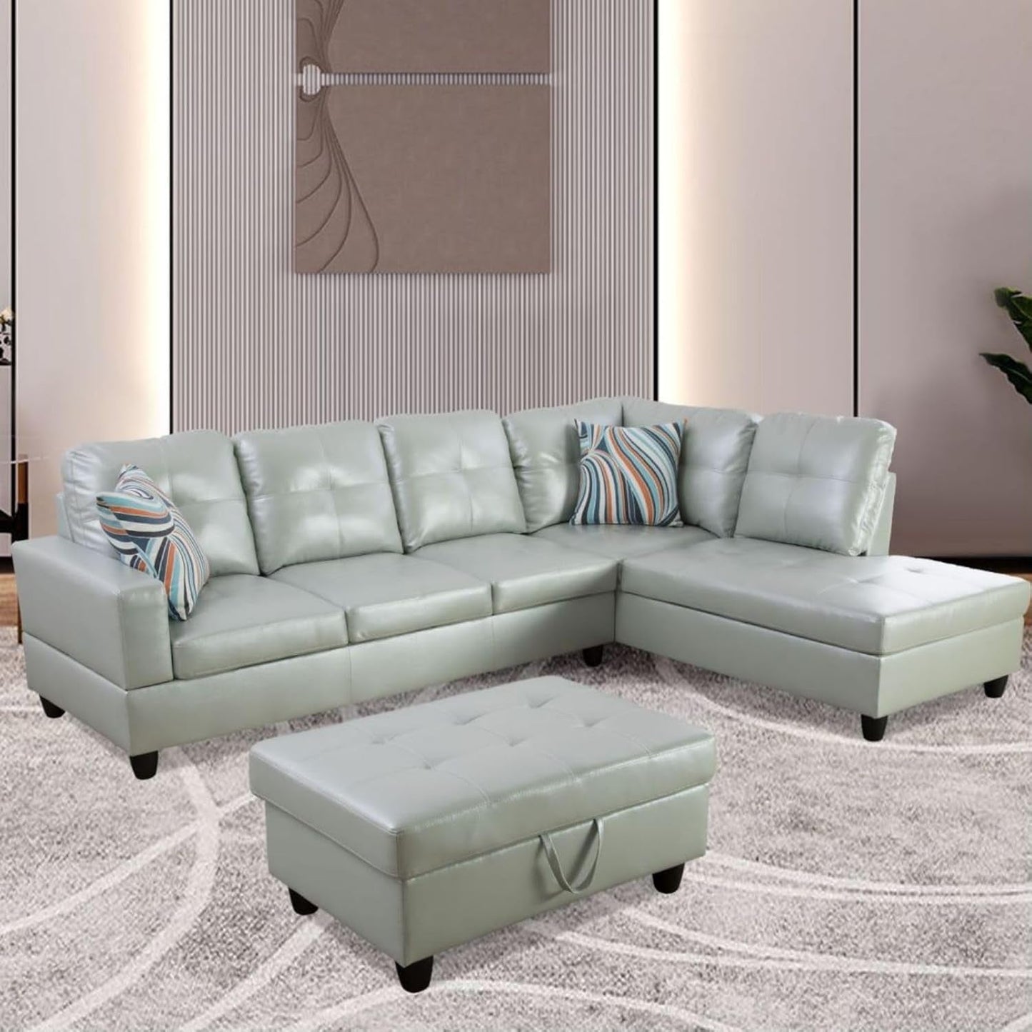 L-Shaped 3-Piece Semi PU Synthetic Leather Sofa with Storage Ottoman Set, Sectional Couch Sofa Set for Living Room, Office, Small Space, Silver Green-3