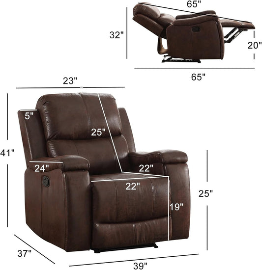 Leather Recliner Chair, Classic and Traditional Manual Recliner Chair with Overstuffed Arms and Back, Manual Single Sofa with Concealed Cup Holders,Red Brown-1