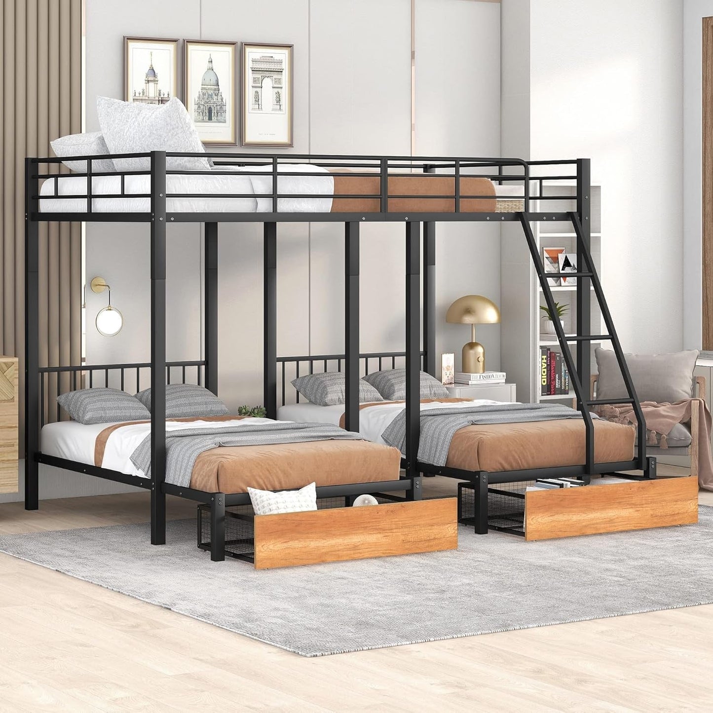 Metal Triple Bunk Bed with Drawers and Guardrails, Full over Twin & Twin Bunk Bed for 3, Space-Noise Free, No Box Spring Needed - Black-2