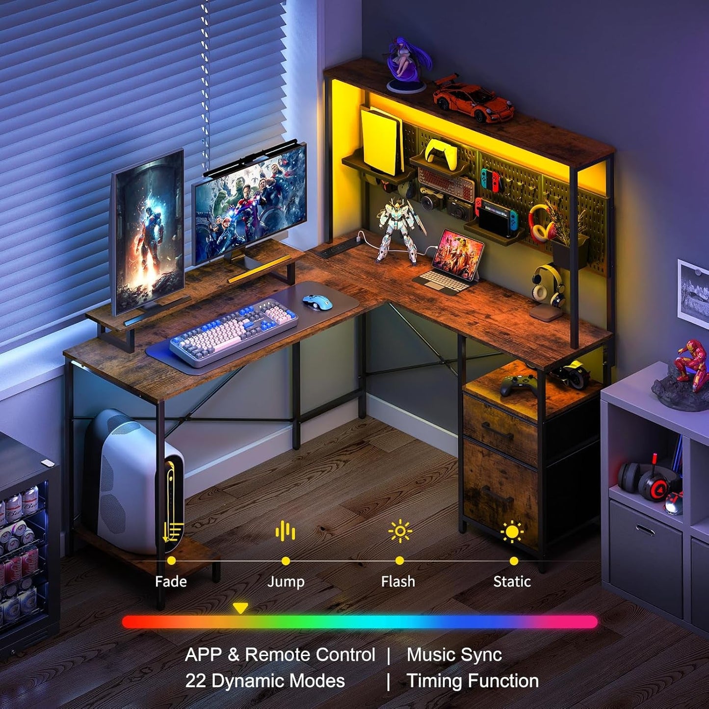 L Shaped Desk with Pegboard, Reversible Computer Desk with Drawers & Storage Shelves, Gaming Desk with LED Lights & Power Outlets, Office Desk with Monitor Stand Corner Desk Home Office Desks-2