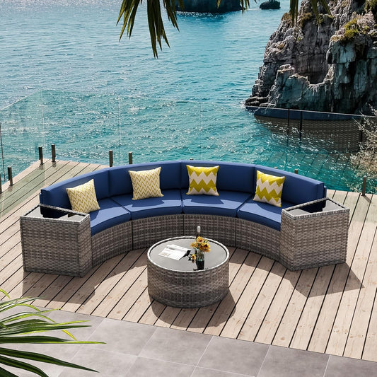 Patio Sectional Furniture Outdoor 7-Piece Grey Rattan Curved Sofa Set with Storage Table,Pillows,Fit for Pool Backyard Balcony Porch Lawn(Navy)-1