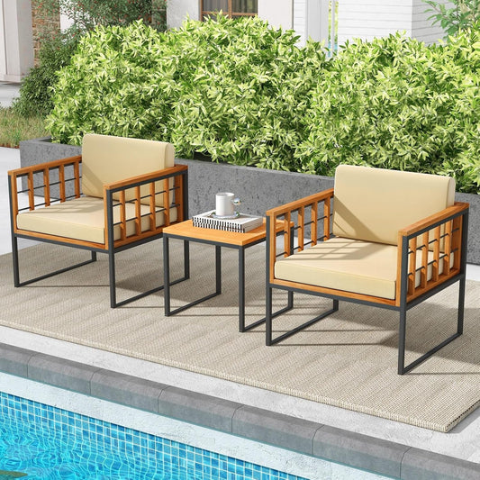 3 Pieces Patio Chair Set, Acacia Wood Outdoor Sofa Set with Metal Support, Soft Seat & Back Cushions Included, Cushioned Bistro Set for Balcony, Porch, Backyard (Beige)-1