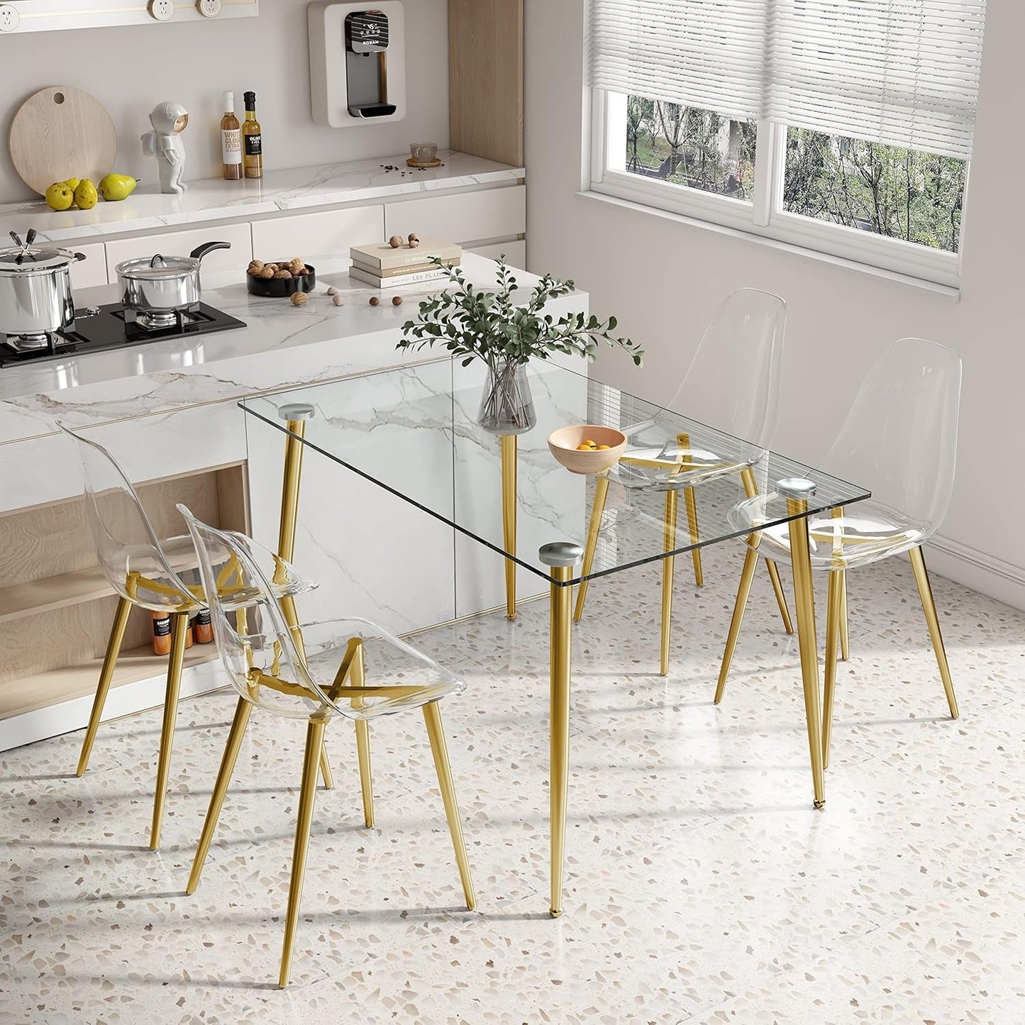 Glass Dining Table for 4 with 51 Inch Clear Tempered Glass Top, 0.31" Modern Rectangular Glass Kitchen Table Furniture with 4 Golden Plating Metal Legs for Home Kitchen Room-4