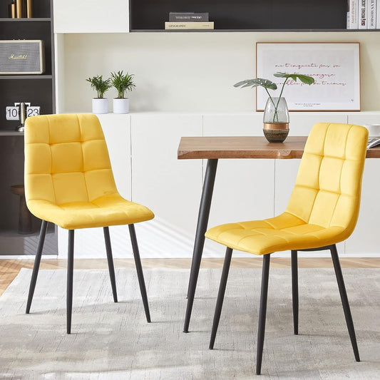 Yellow Velvet Dinner Chairs Set of 4, Modern Armless Biscuit Tufted Dining Side Chairs with Metal Legs for Kitchen Living Room Vanity-1