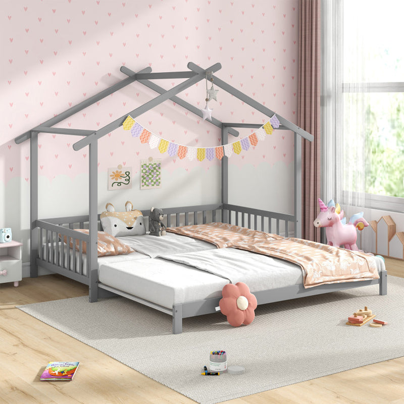 Extendable House Bed Twin to King Daybed with Roof and Fence Rails-4