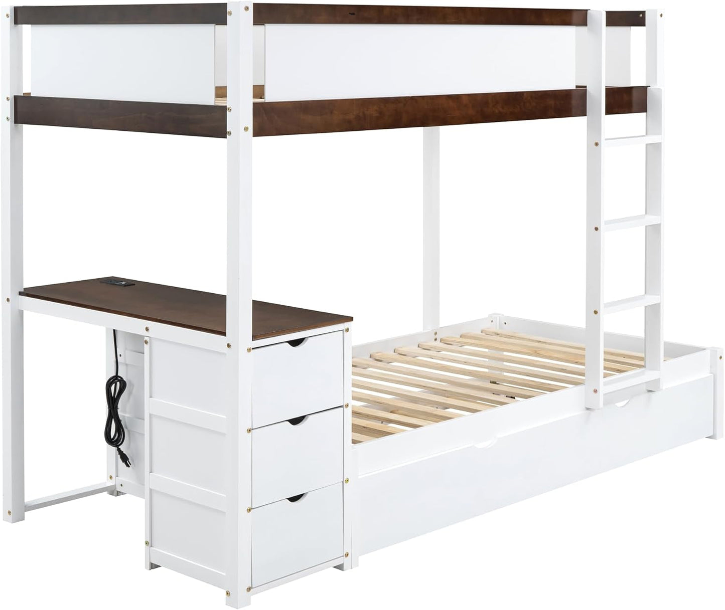 Twin over Twin Bunk Bed Twin Size Trundle, Wood Twin Bunk Bed with USB Ports, Storage and Desk, White+Walnut-4
