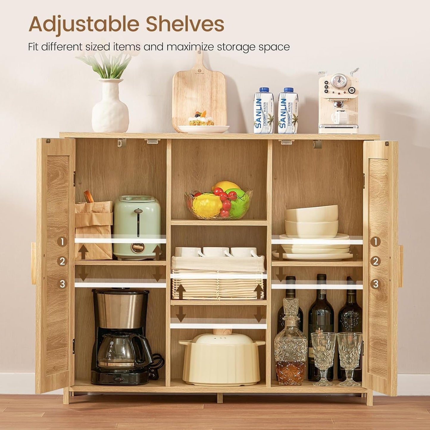 Storage Cabinet, Rattan Cabinet with 4 Adjustable Shelves, Coffee Bar Cabinet, Sideboard Buffet Cabinet for Kitchen, Living Room, Entryway, Natural-4