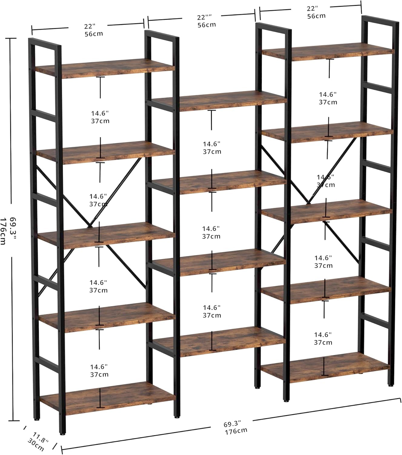 Bookcases and Bookshelves Triple Wide 5 Tiers Industrial Bookshelf, Large Etagere Bookshelf Open Display Shelves with Metal Frame for Living Room Bedroom Home Office-2