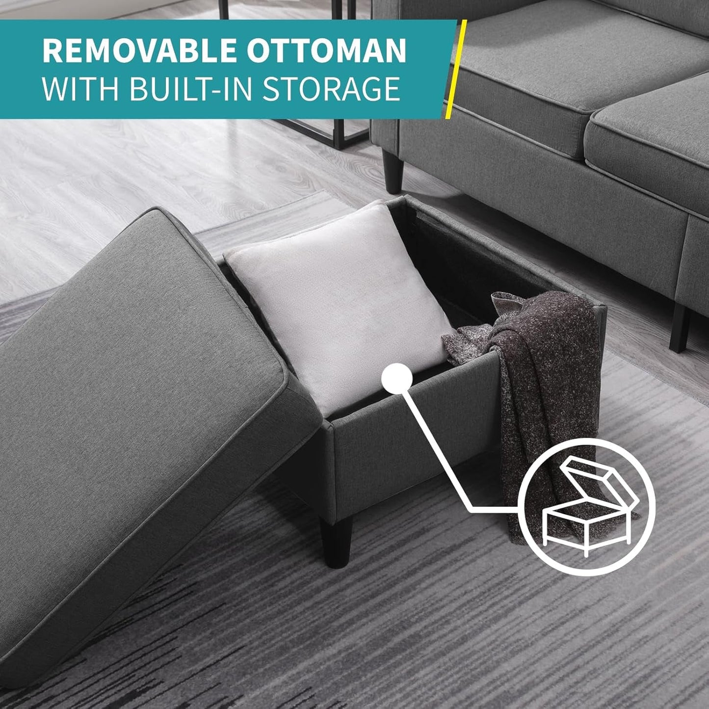 78" W 3 Piece Living Room Sofa Set, 3 Seater Sofa with Storage Ottoman and Loveseat Furniture Sets, Modern Linen L Shaped Sectional Couches for Living Room Apartment(Dark Grey)-2