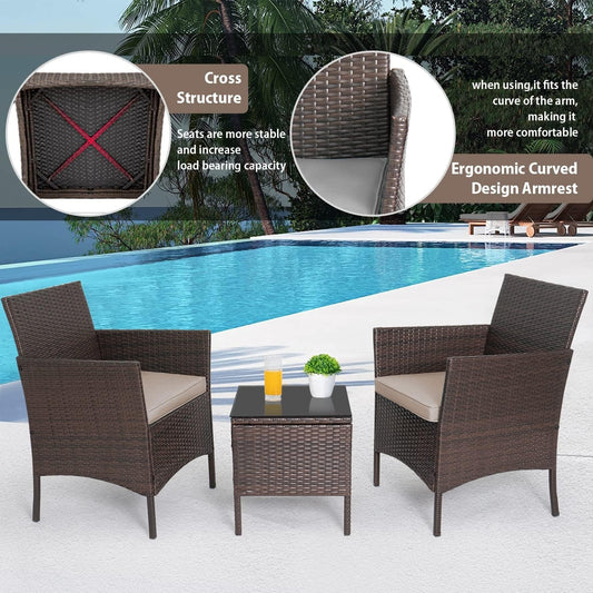 3-Piece Outdoor Wicker Conversation Bistro Set Outdoor Patio Porch Furniture Sets for Yard, Garden with 2 PE Rattan Wicker Chairs, 2 Cushions,1 Coffee Table-1