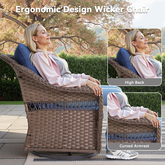 Patio Furniture Set, 5 Pieces Outdoor Conversation Set, All Weather Wicker Patio Furniture W/ Swivel Glider Rocking Chair, Ottoman, 3-Seat Couch & Comfy Cushions for Backyard, Deck, Poolside, Porch-1