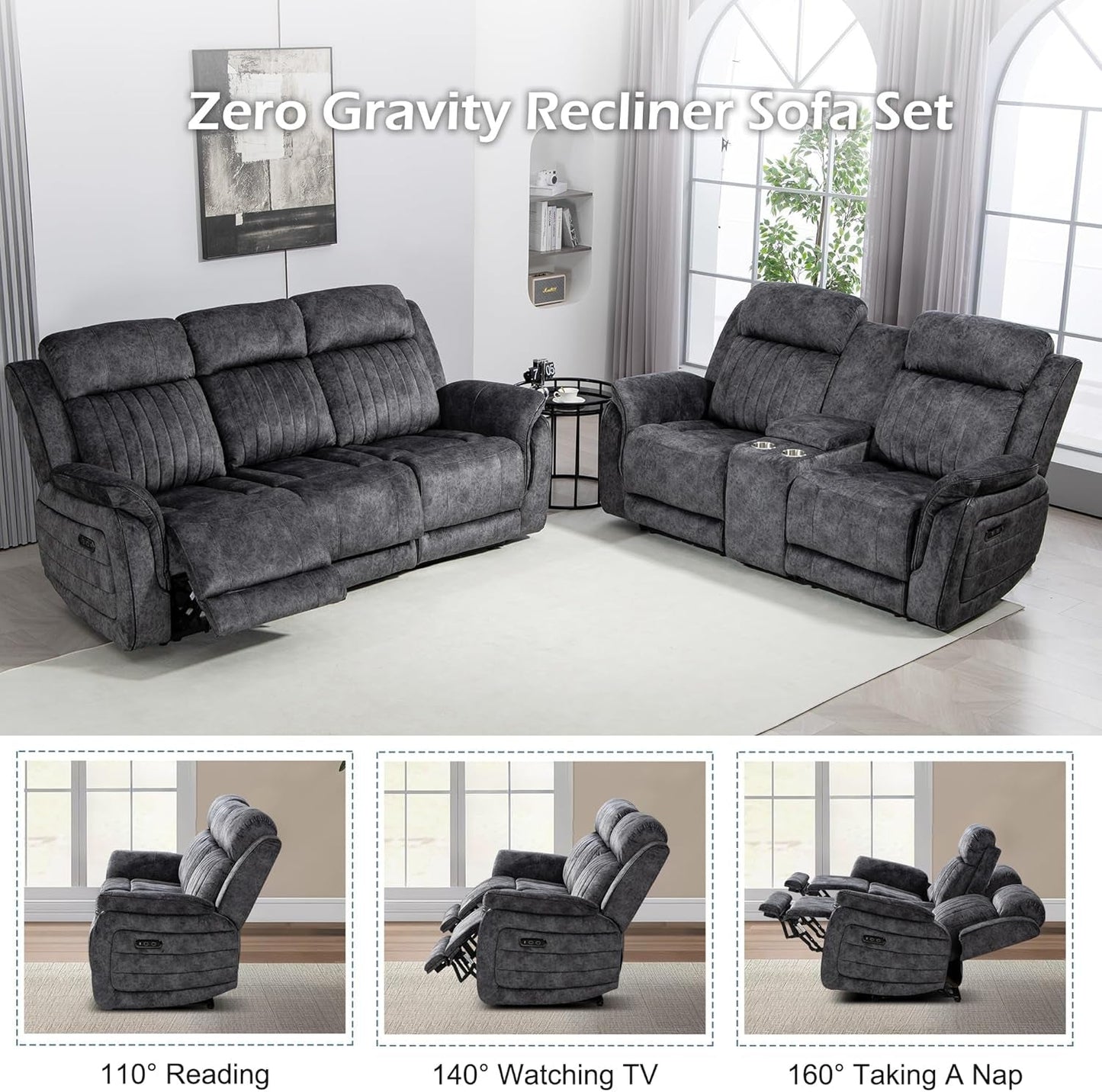 Zero Gravity Reclining Sofa Set, Power Reclining Living Room Set with Adjustable Headrest, Power Reclining Sofa and Loveseat Set with USB Port/Console/Cup Holders for Living Room(Grey)-2