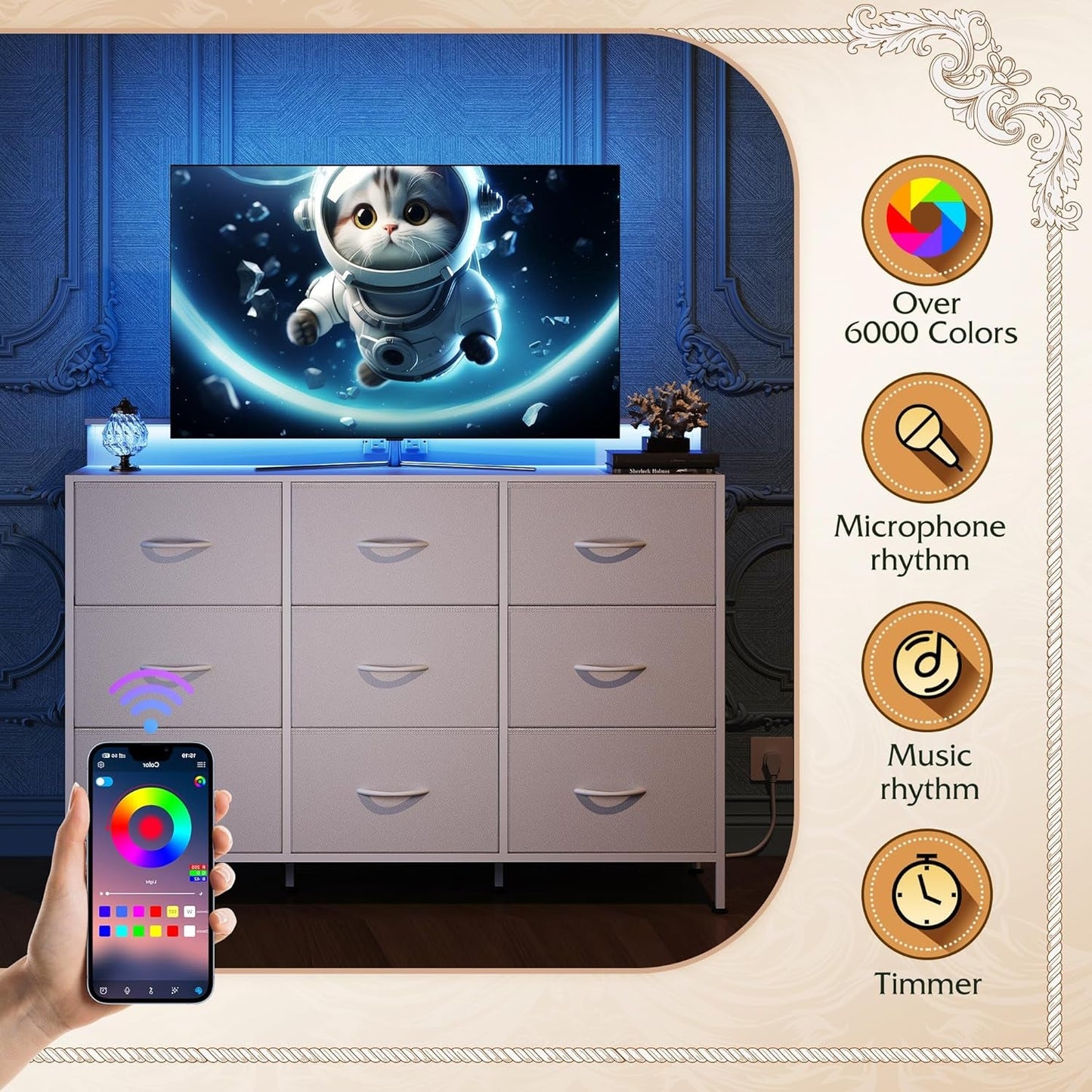 Dresser TV Stand for 55 Inch, Led Dresser for Bedroom, White Dresser for Bedroom with LED Lights and Charging Station, Chest of Drawers, 9 Fabric Dresser Drawers, Wood Top, Living Room, Closet-4